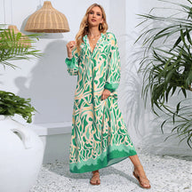 Spring and Autumn pullover V-neck sexy printed long-sleeved dress with large hem