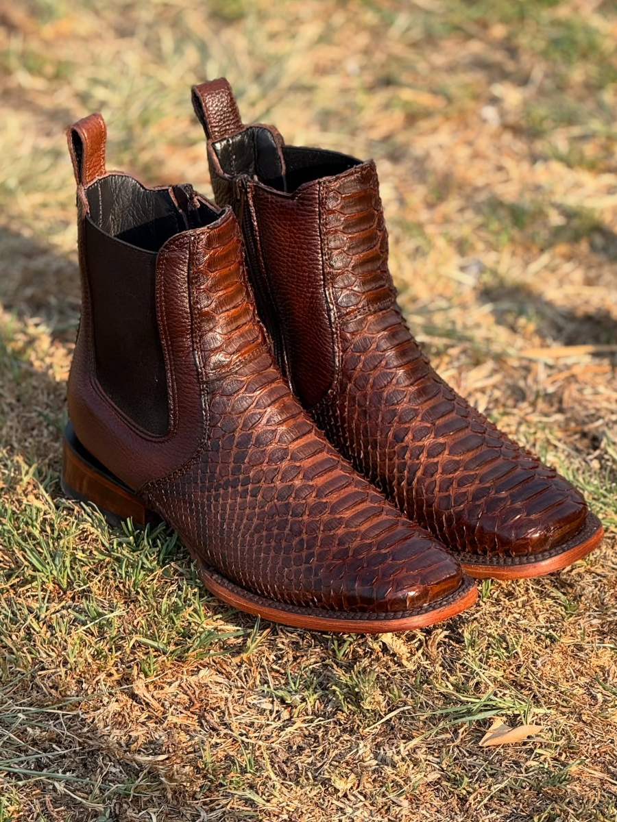 Chunky Heel Knight Crocodile Square Toe Snake Print Western Cowboy Boots