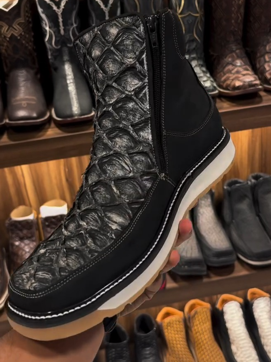 Grey Square Toe Leather Boots