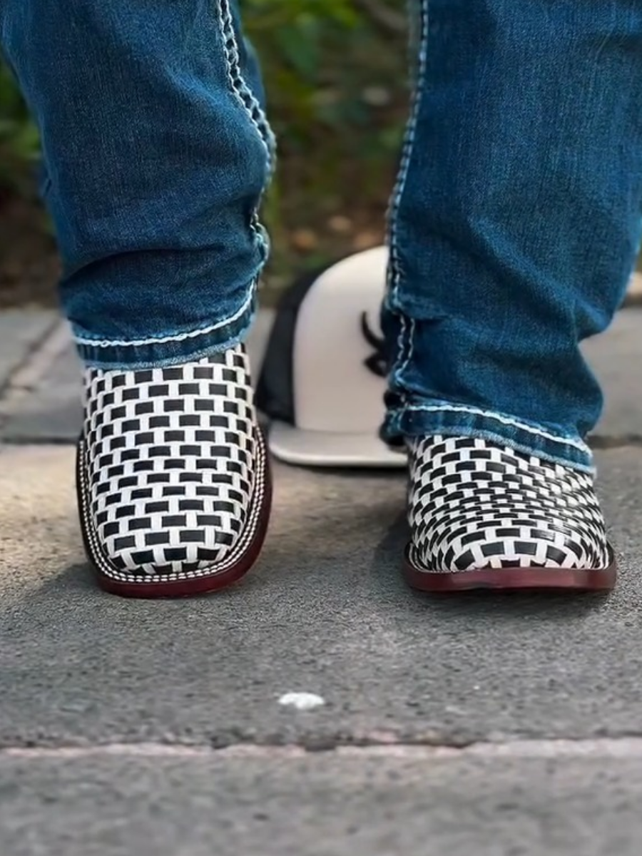 Vintage Embroidered Black and White Woven Boots