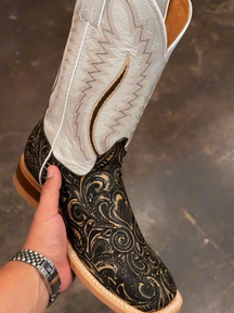 Retro Square Toe Embroidered Mid-tube Slit Casual Versatile Boots