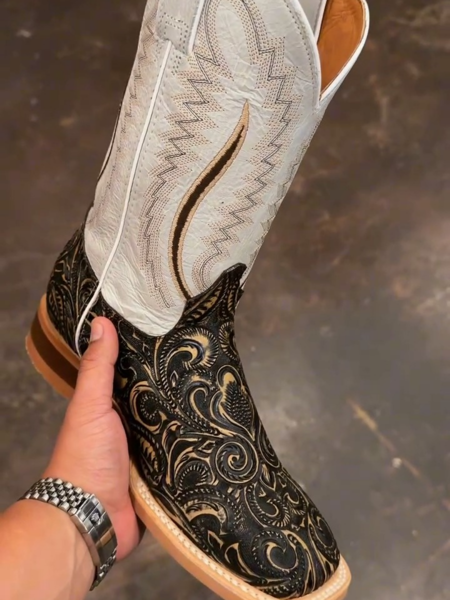 Retro Square Toe Embroidered Mid-tube Slit Casual Versatile Boots