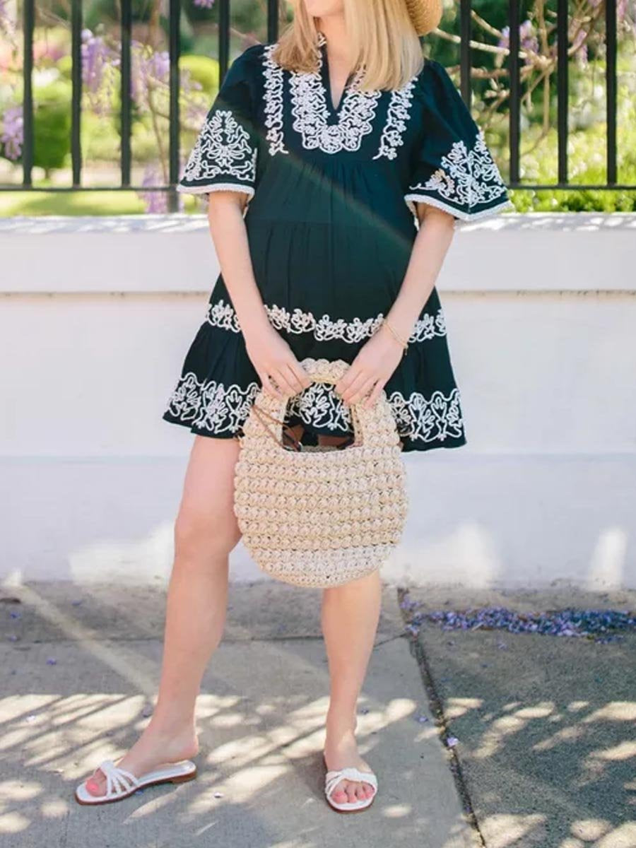 Embroidery Short Sleeve Tiered Dress