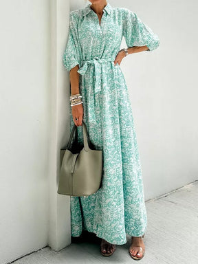 Printed Lace Up Button Up Maxi Dress