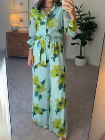 Casual Printed Long Sleeve Belt Jumpsuit