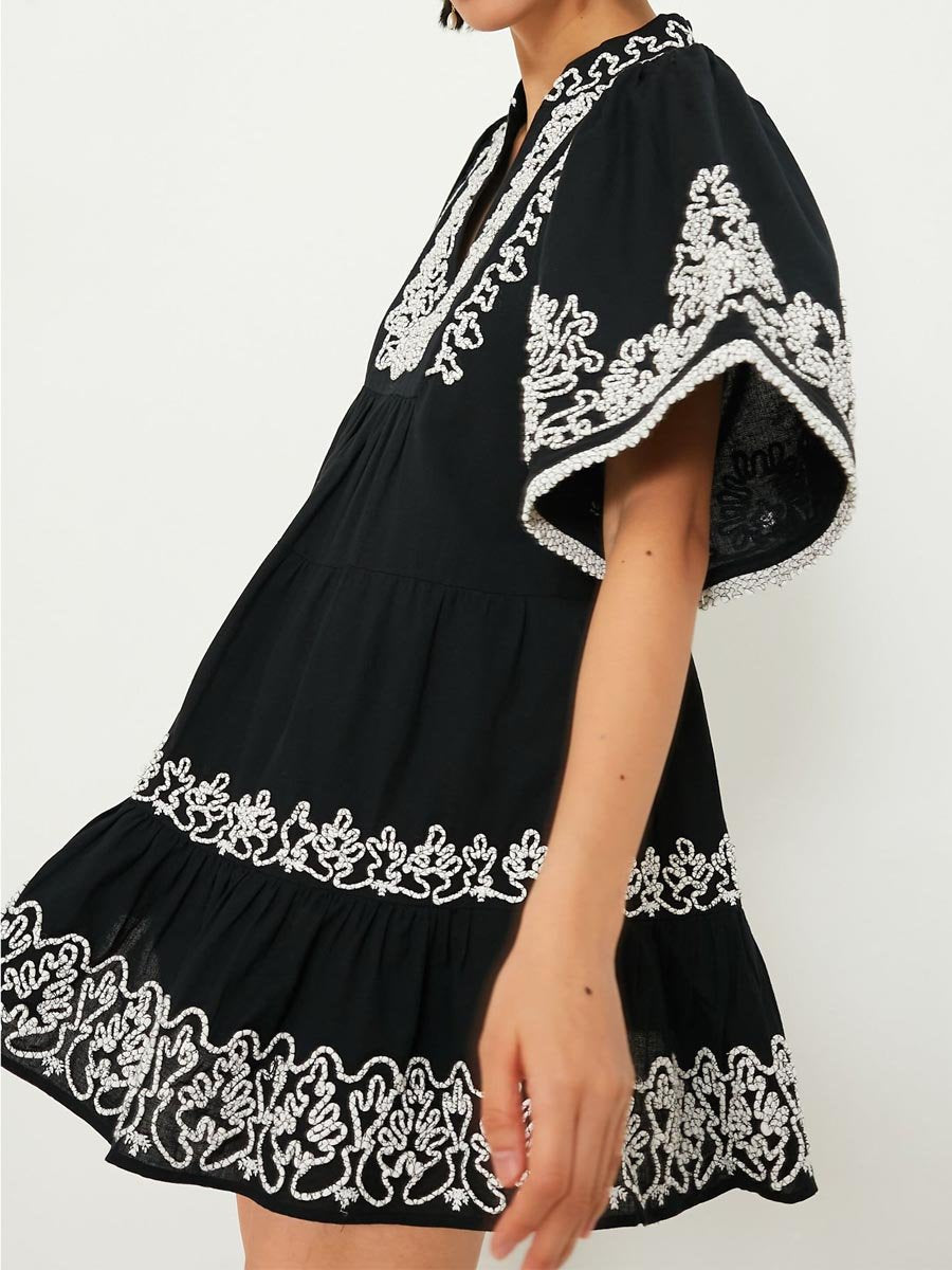 Embroidery Short Sleeve Tiered Dress