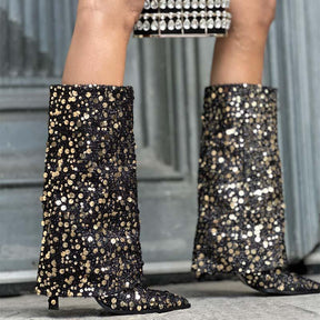 Women's Knee High Fold Over Pointed Toe Boots Glitter Riding Boots