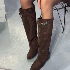 Round-Toe Thick-Heel Suede Boots