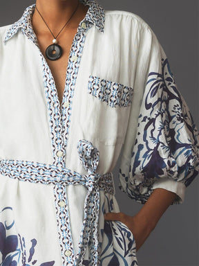 Patchwork Printed Button-Front Belted Maxi Shirt Dress