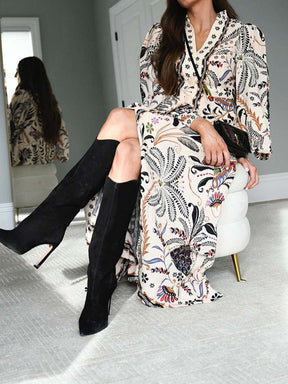 Printed Long Sleeve Button Up Maxi Dress