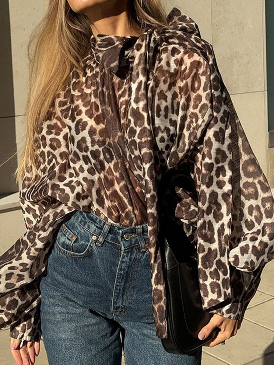 Leopard Printed Bow Long Sleeve Women's Blouse