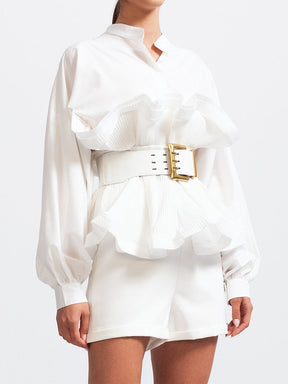 Fashion Stand Collar Belted Ruffled Shirt