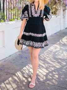 Embroidery Short Sleeve Tiered Dress