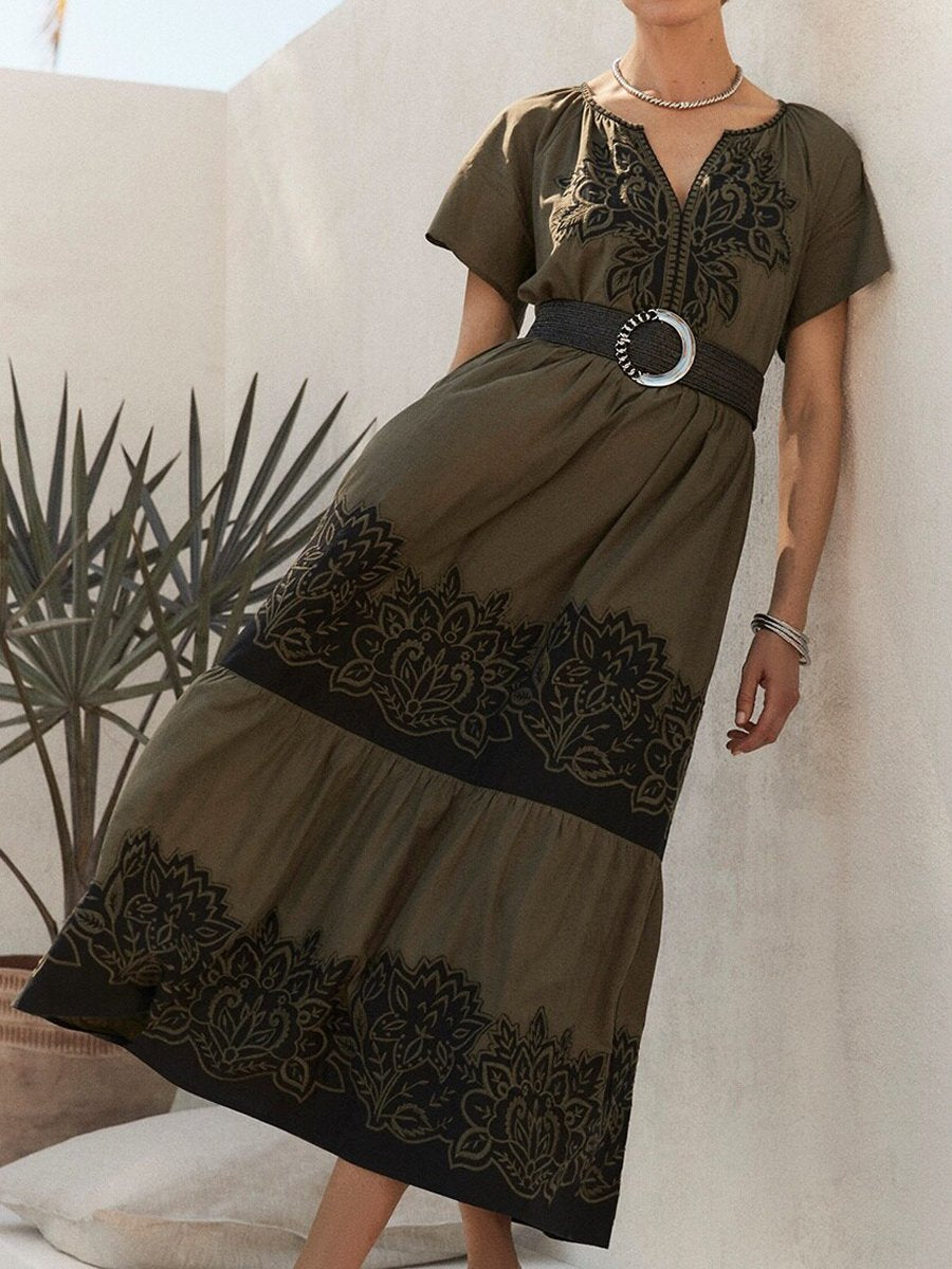 Cotton Embroidered Belted Tier Dress