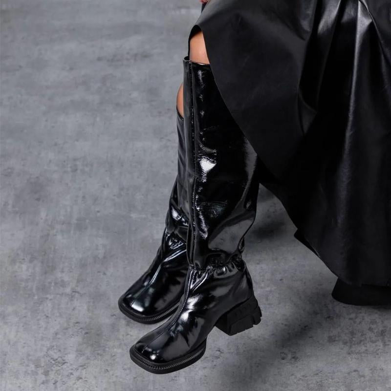 Fashion Square-Toe Patent-Heeled Boots