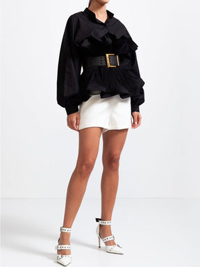 Fashion Stand Collar Belted Ruffled Shirt