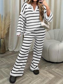 Striped Long Sleeve V Neck Sweater 2 Piece Sets