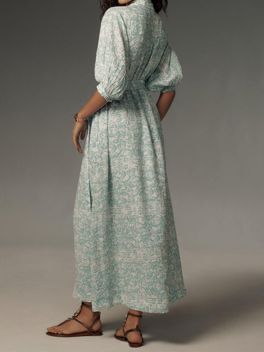 Printed Lace Up Button Up Maxi Dress