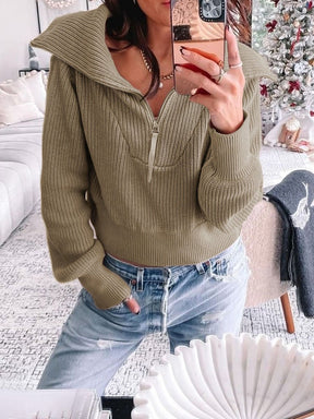 Solid Zipper Up Fashion Casual Sweater