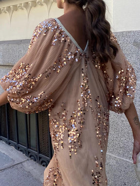 Batwing Sleeve Sequin Deep V Neck Maxi Dress