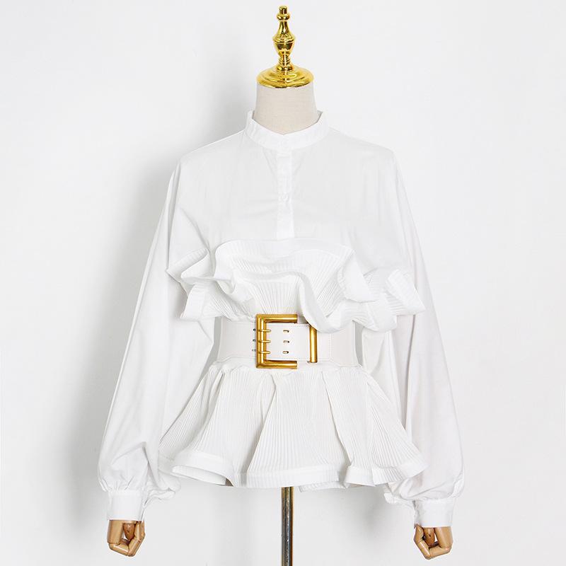 Fashion Stand Collar Belted Ruffled Shirt