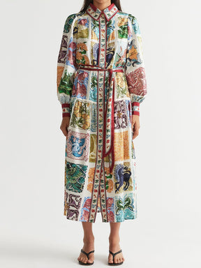 Printed Lantern Sleeve Belted Maxi Shirtdress