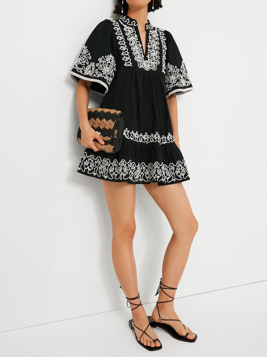 Embroidery Short Sleeve Tiered Dress