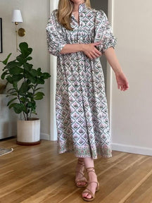 Puff Sleeve Printed Loose Maxi Dress