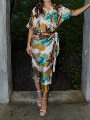 Printed V Neck Wrap Midi Dress