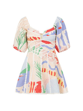 Placement Print Patchwork Puff Sleeve Dress