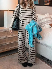 Striped Long Sleeve V Neck Sweater 2 Piece Sets