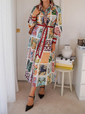 Printed Lantern Sleeve Belted Maxi Shirtdress