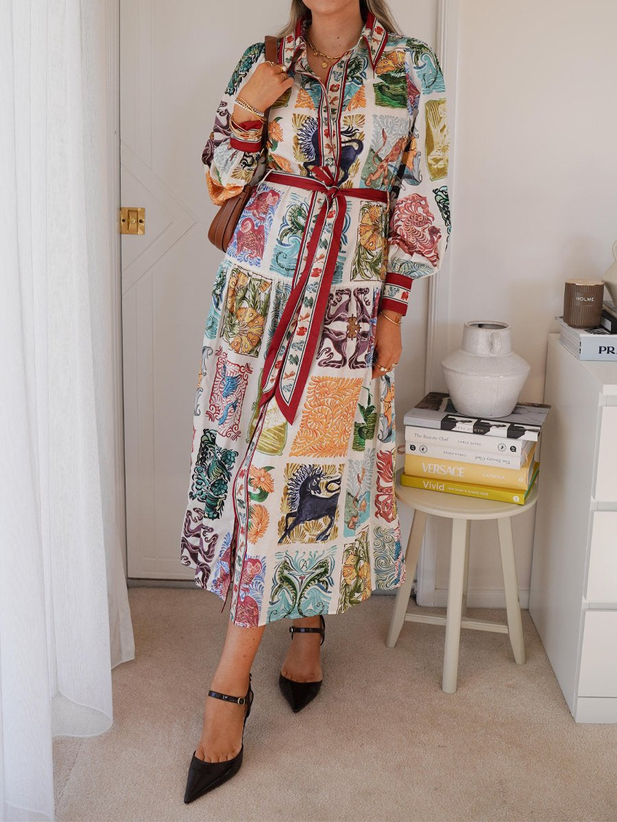 Printed Lantern Sleeve Belted Maxi Shirtdress