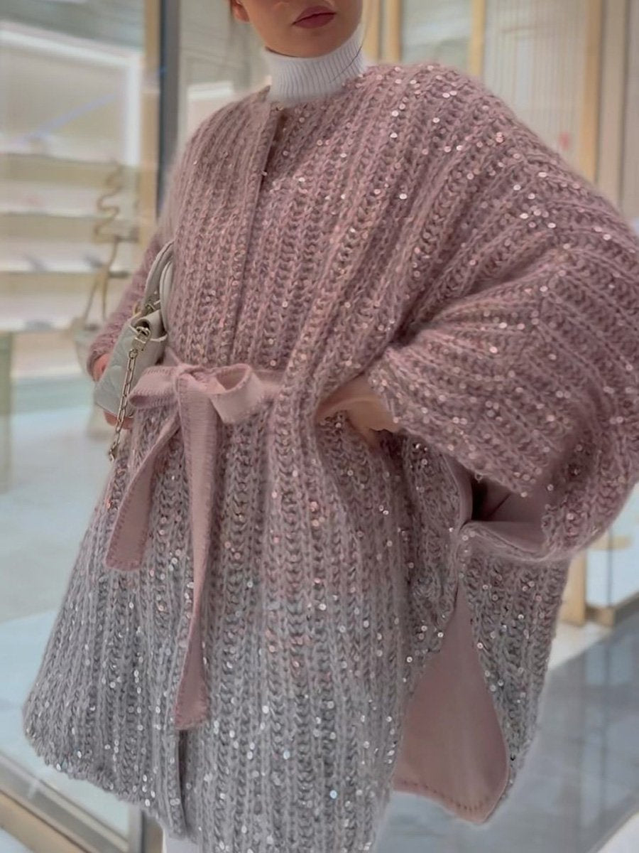 Elegant Gradient Sequin Sweater Cape Coat