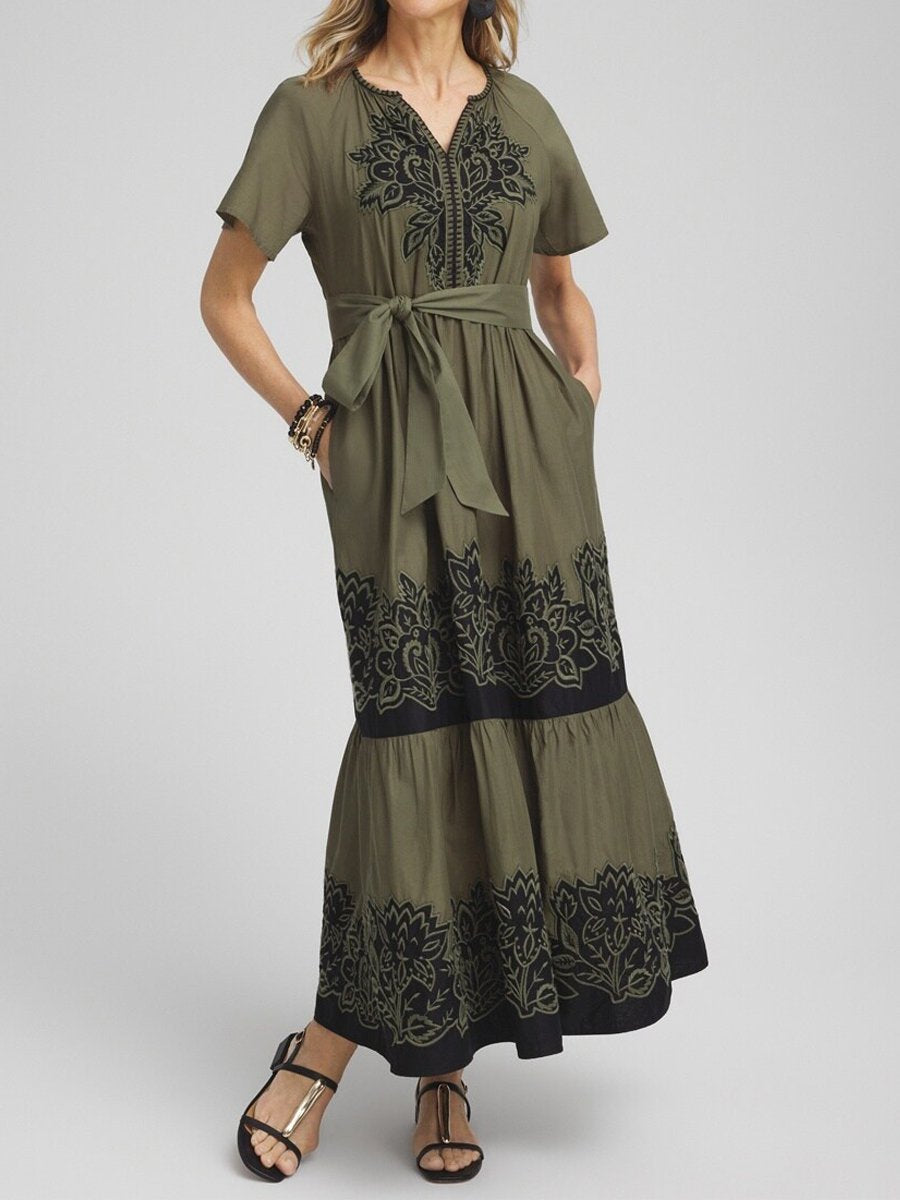 Cotton Embroidered Belted Tier Dress