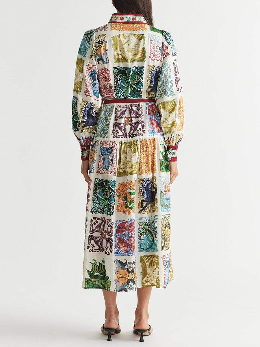 Printed Lantern Sleeve Belted Maxi Shirtdress