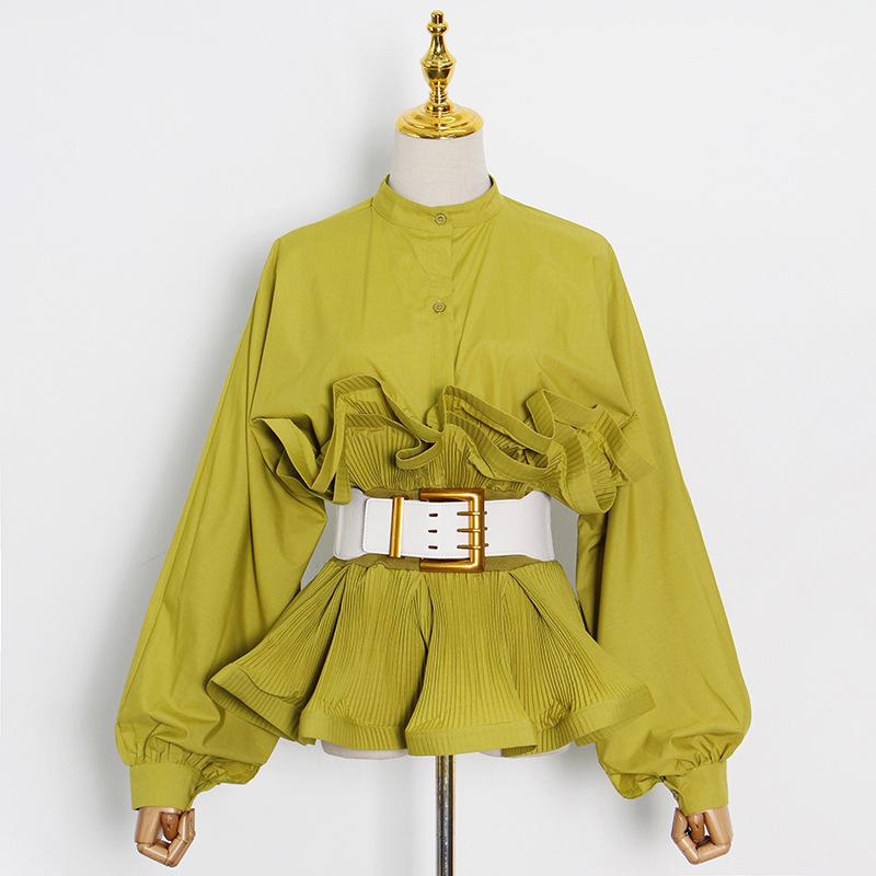 Fashion Stand Collar Belted Ruffled Shirt