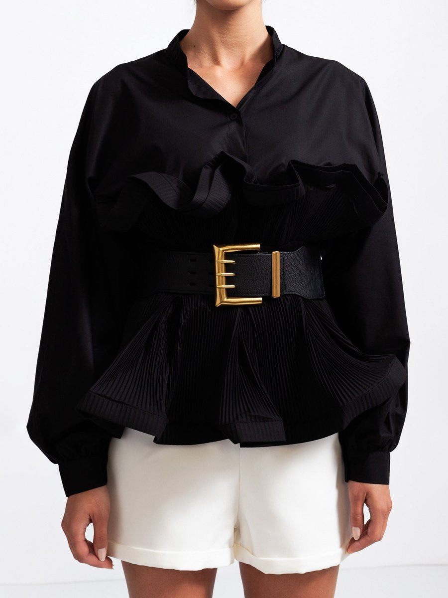 Fashion Stand Collar Belted Ruffled Shirt