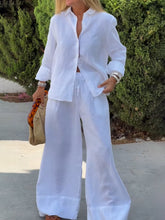 Linen Blend Casual Shirt Straight Wide Leg Pants Suit