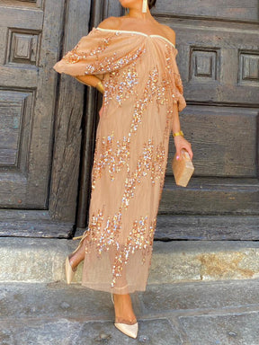 Batwing Sleeve Sequin Deep V Neck Maxi Dress