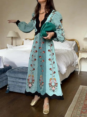 Deep V Neck Printed Backless Long Sleeve Dress