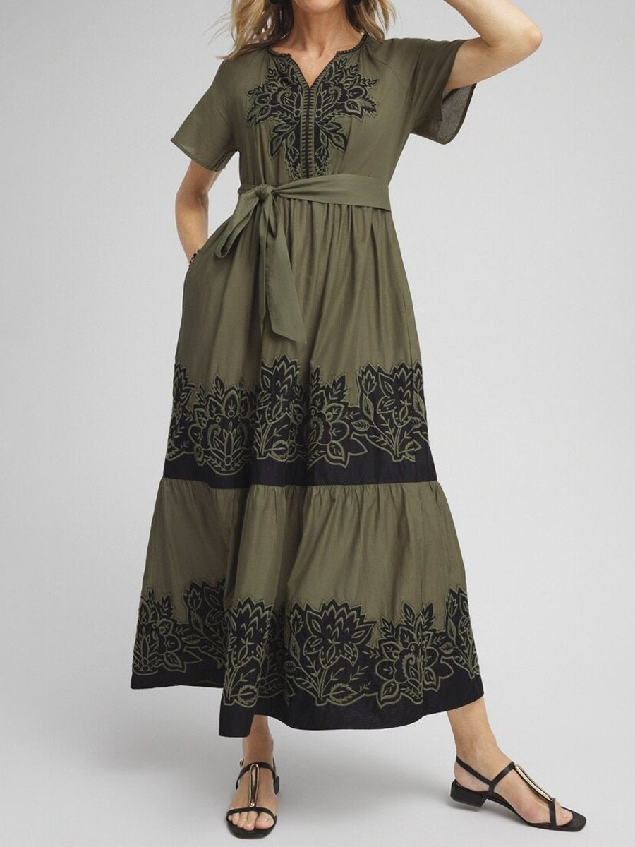 Cotton Embroidered Belted Tier Dress