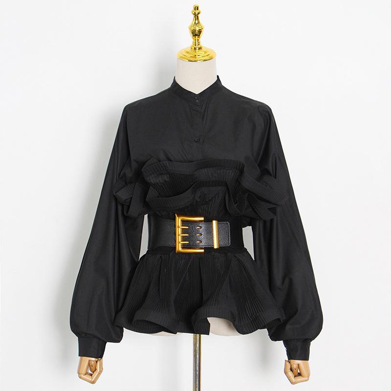 Fashion Stand Collar Belted Ruffled Shirt