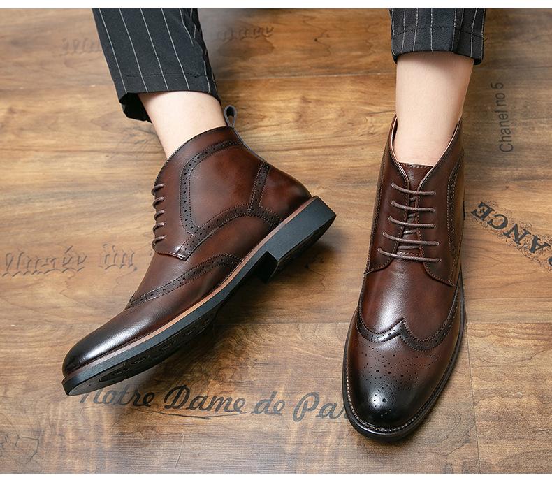 Carved High Top Leather Shoes Brown Winter Chelsea Boots