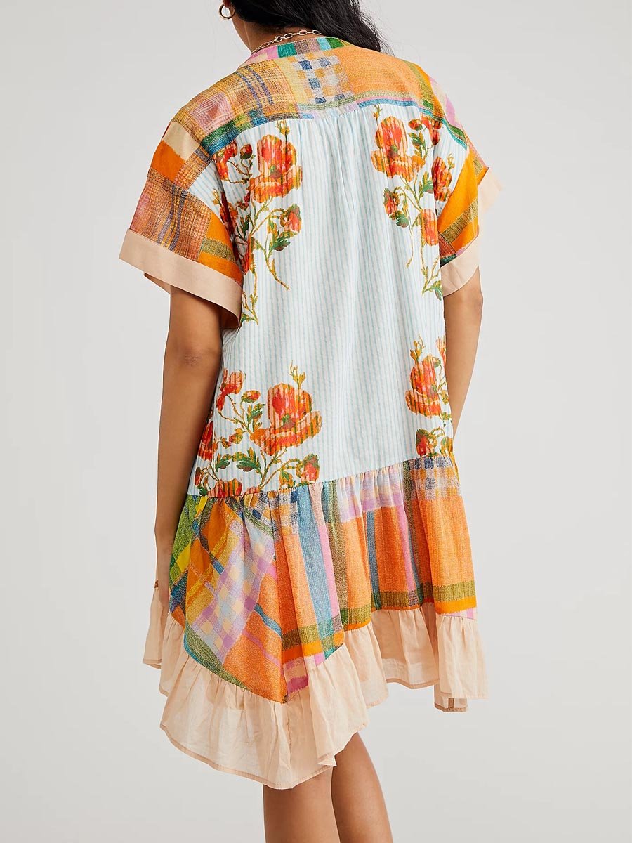 Bohemian Printed Short Sleeve Pocket V Neck Dress