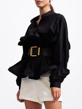 Fashion Stand Collar Belted Ruffled Shirt