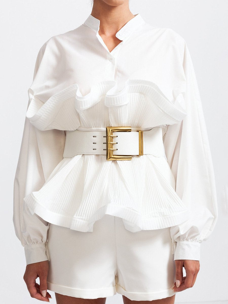 Fashion Stand Collar Belted Ruffled Shirt