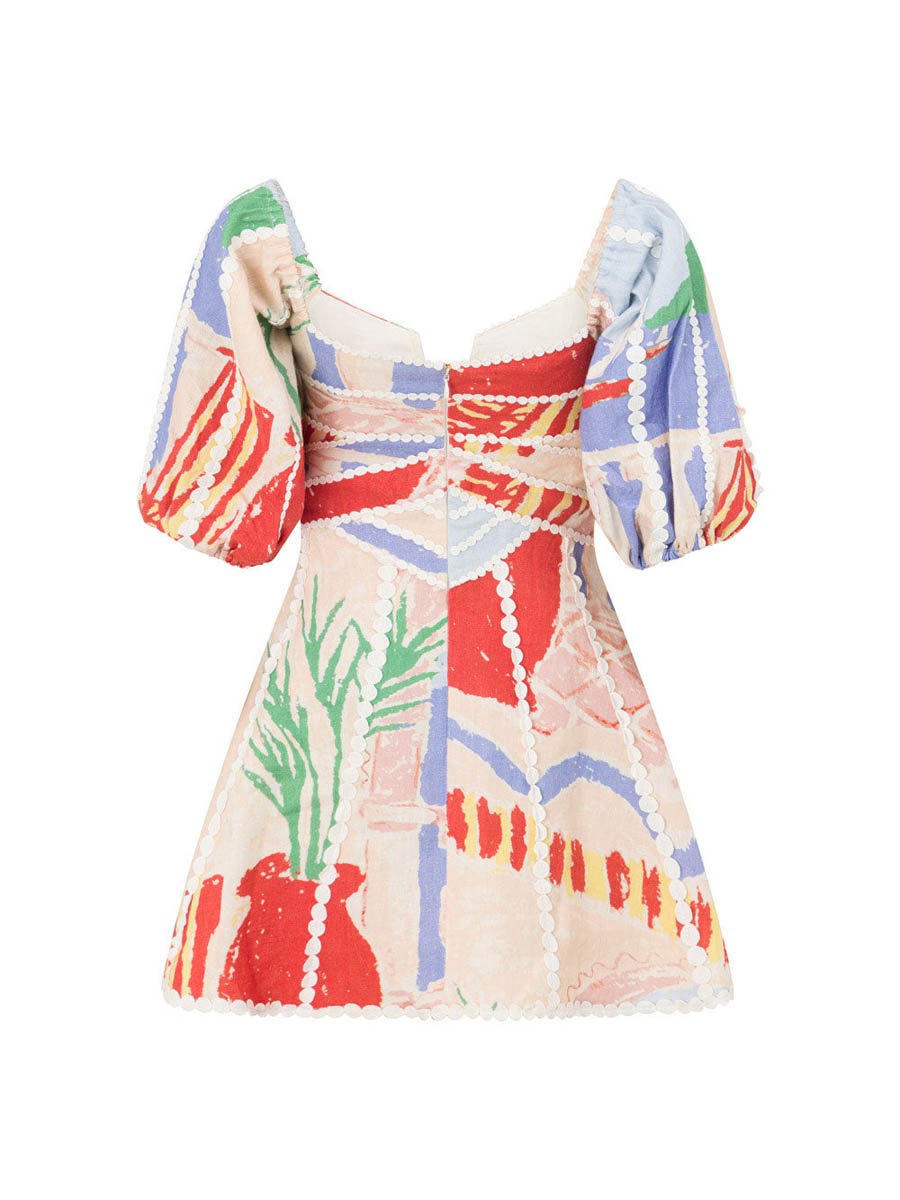 Placement Print Patchwork Puff Sleeve Dress