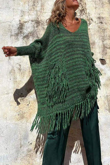 V-Neck Loose Fringed Knit Sweater