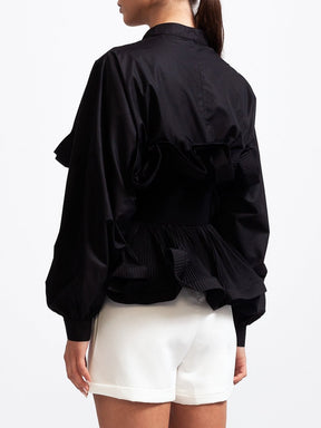 Fashion Stand Collar Belted Ruffled Shirt